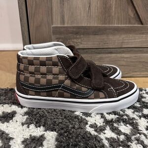 Kids vans velcro old skool mid Brown Checkerboard Sneakers new! 1.5